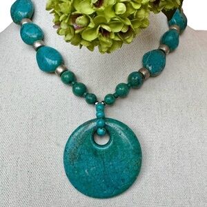 Turquoise Beaded Necklace with Large Round Pendant and Silver Accents